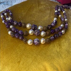 Luxurious Amethyst, Pearl and Gold Triple-Strand Necklace